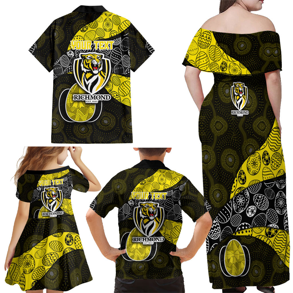 Personalized Richmond Football Family Matching Off Shoulder Maxi Dress and Hawaiian Shirt Easter Egg Pattern Yellow Black Tribal Dot Art Style