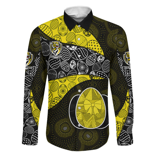 Personalized Richmond Football Family Matching Off Shoulder Maxi Dress and Hawaiian Shirt Easter Egg Pattern Yellow Black Tribal Dot Art Style
