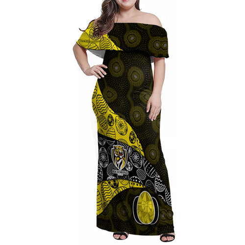 Personalized Richmond Football Family Matching Off Shoulder Maxi Dress and Hawaiian Shirt Easter Egg Pattern Yellow Black Tribal Dot Art Style