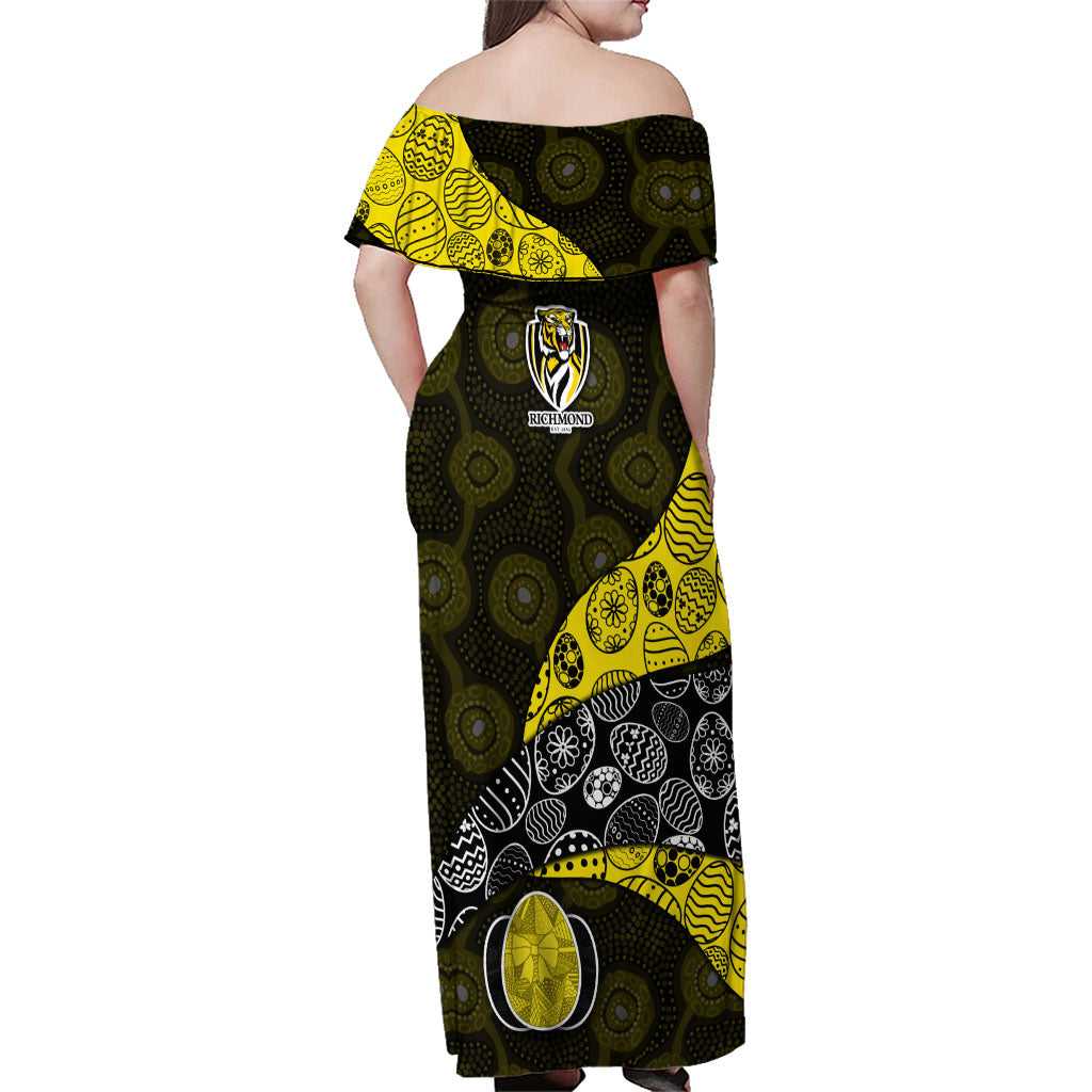 Personalized Richmond Football Family Matching Off Shoulder Maxi Dress and Hawaiian Shirt Easter Egg Pattern Yellow Black Tribal Dot Art Style