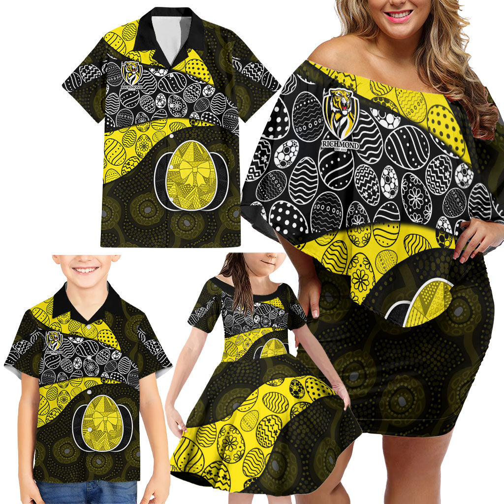 Personalized Richmond Football Family Matching Off Shoulder Short Dress and Hawaiian Shirt Easter Egg Pattern Yellow Black Tribal Dot Art Style