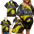 Personalized Richmond Football Family Matching Off Shoulder Short Dress and Hawaiian Shirt Easter Egg Pattern Yellow Black Tribal Dot Art Style