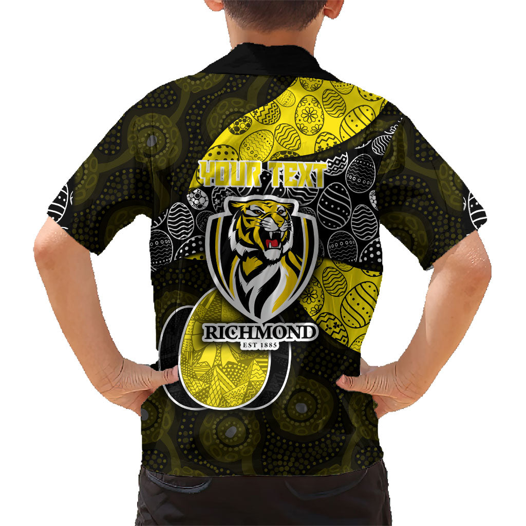 Personalized Richmond Football Family Matching Off Shoulder Short Dress and Hawaiian Shirt Easter Egg Pattern Yellow Black Tribal Dot Art Style