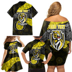 Personalized Richmond Football Family Matching Off Shoulder Short Dress and Hawaiian Shirt Easter Egg Pattern Yellow Black Tribal Dot Art Style
