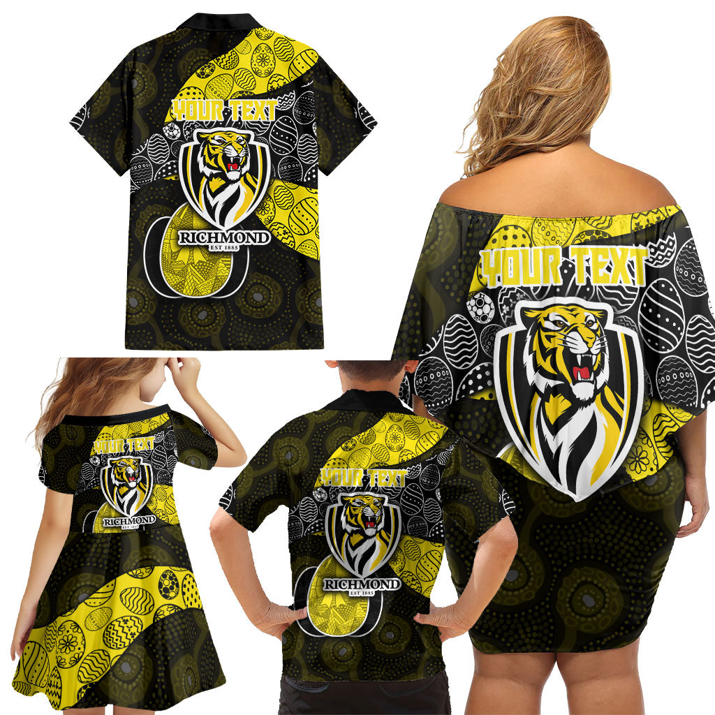 Personalized Richmond Football Family Matching Off Shoulder Short Dress and Hawaiian Shirt Easter Egg Pattern Yellow Black Tribal Dot Art Style