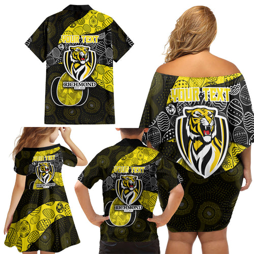 Personalized Richmond Football Family Matching Off Shoulder Short Dress and Hawaiian Shirt Easter Egg Pattern Yellow Black Tribal Dot Art Style