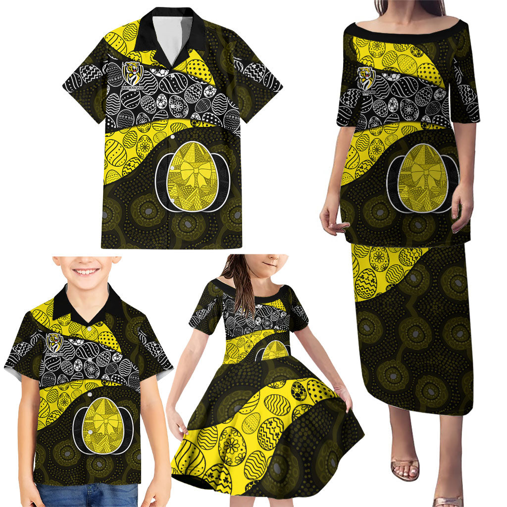 Personalized Richmond Football Family Matching Puletasi and Hawaiian Shirt Easter Egg Pattern Yellow Black Tribal Dot Art Style