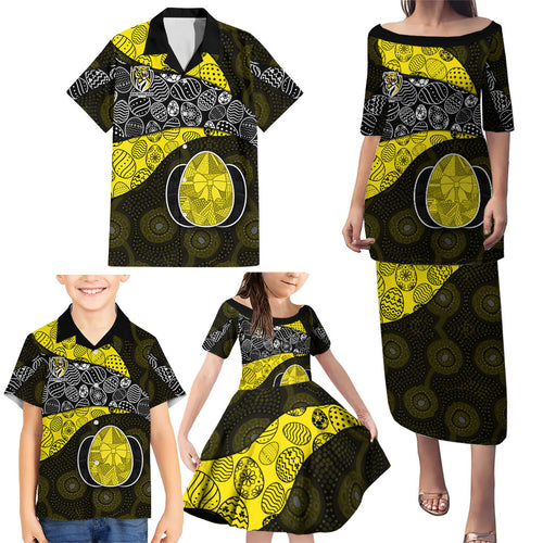 Personalized Richmond Football Family Matching Puletasi and Hawaiian Shirt Easter Egg Pattern Yellow Black Tribal Dot Art Style