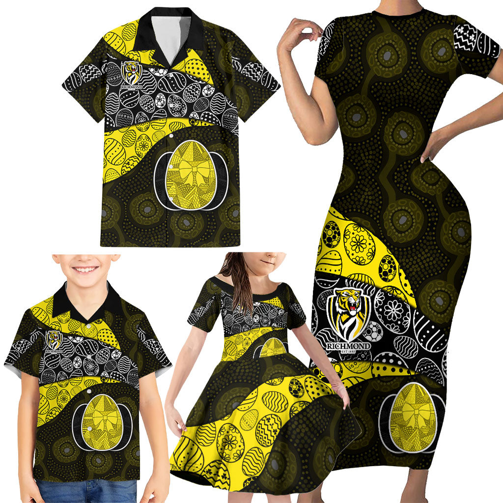 Personalized Richmond Football Family Matching Short Sleeve Bodycon Dress and Hawaiian Shirt Easter Egg Pattern Yellow Black Tribal Dot Art Style