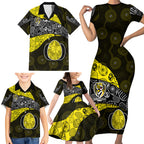 Personalized Richmond Football Family Matching Short Sleeve Bodycon Dress and Hawaiian Shirt Easter Egg Pattern Yellow Black Tribal Dot Art Style