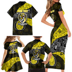 Personalized Richmond Football Family Matching Short Sleeve Bodycon Dress and Hawaiian Shirt Easter Egg Pattern Yellow Black Tribal Dot Art Style