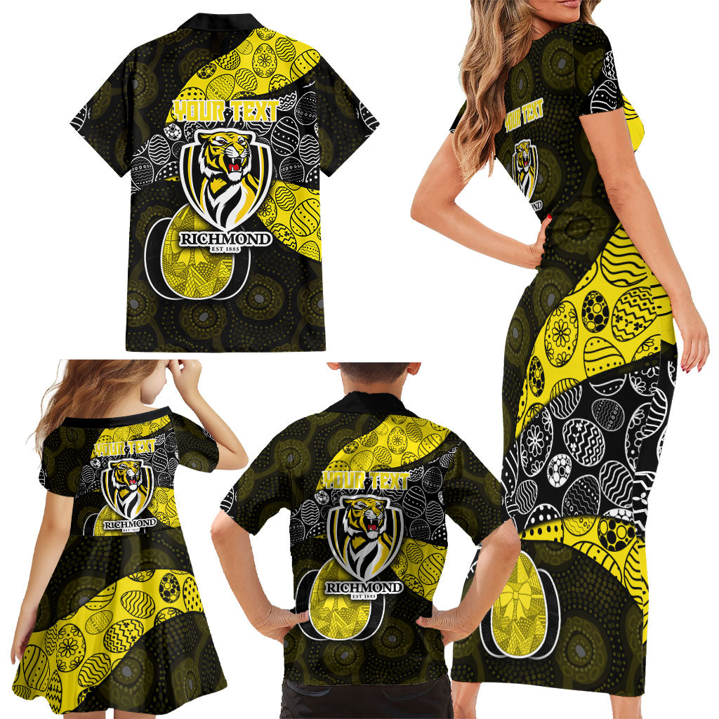 Personalized Richmond Football Family Matching Short Sleeve Bodycon Dress and Hawaiian Shirt Easter Egg Pattern Yellow Black Tribal Dot Art Style
