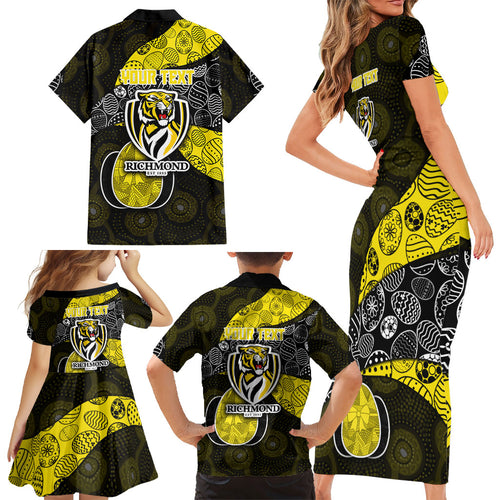 Personalized Richmond Football Family Matching Short Sleeve Bodycon Dress and Hawaiian Shirt Easter Egg Pattern Yellow Black Tribal Dot Art Style