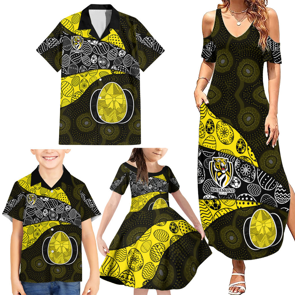 Personalized Richmond Football Family Matching Summer Maxi Dress and Hawaiian Shirt Easter Egg Pattern Yellow Black Tribal Dot Art Style