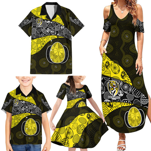 Personalized Richmond Football Family Matching Summer Maxi Dress and Hawaiian Shirt Easter Egg Pattern Yellow Black Tribal Dot Art Style