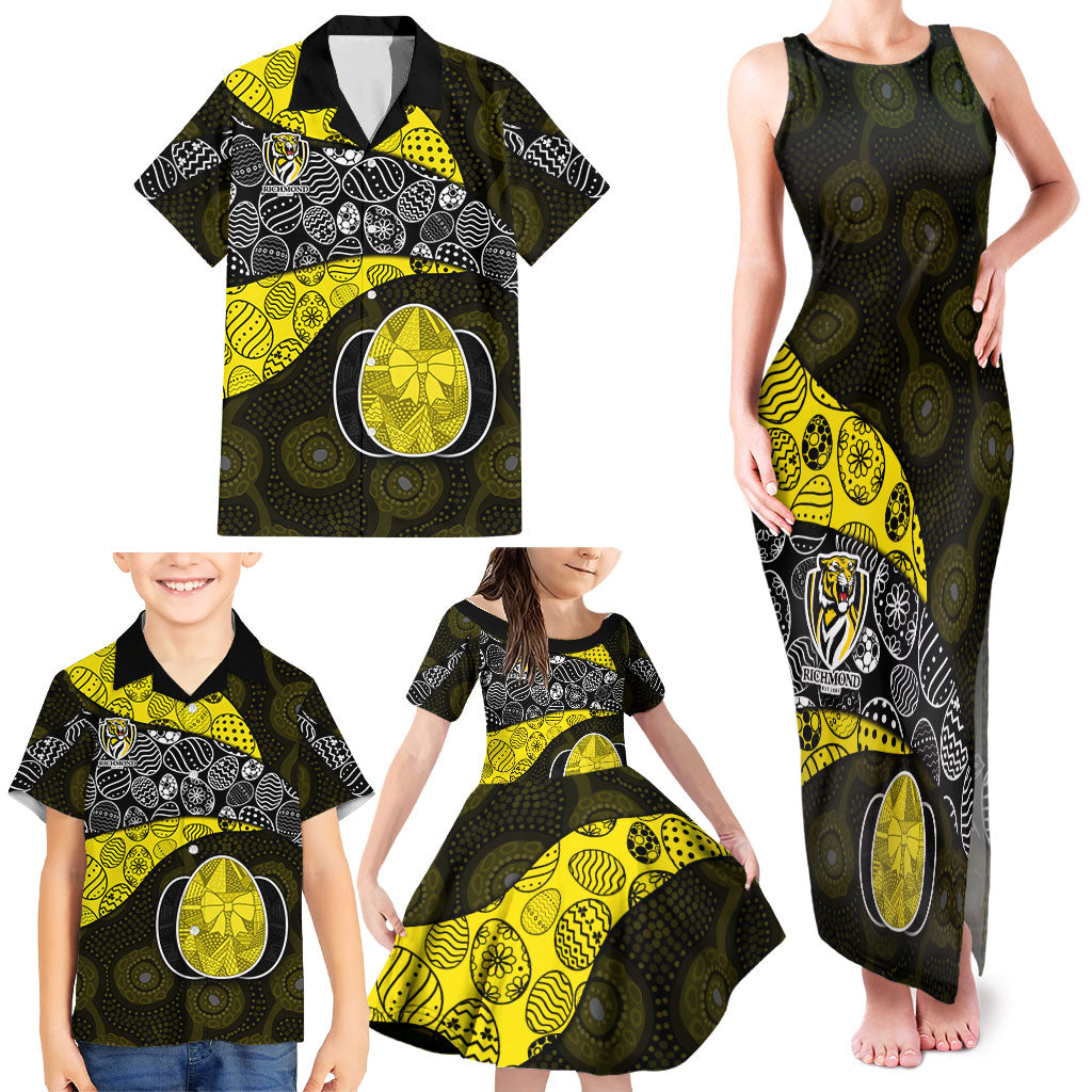 Personalized Richmond Football Family Matching Tank Maxi Dress and Hawaiian Shirt Easter Egg Pattern Yellow Black Tribal Dot Art Style