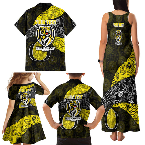 Personalized Richmond Football Family Matching Tank Maxi Dress and Hawaiian Shirt Easter Egg Pattern Yellow Black Tribal Dot Art Style