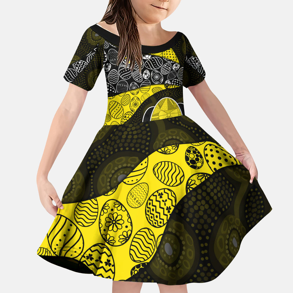 Personalized Richmond Football Kid Short Sleeve Dress Easter Egg Pattern Yellow Black Tribal Dot Art Style