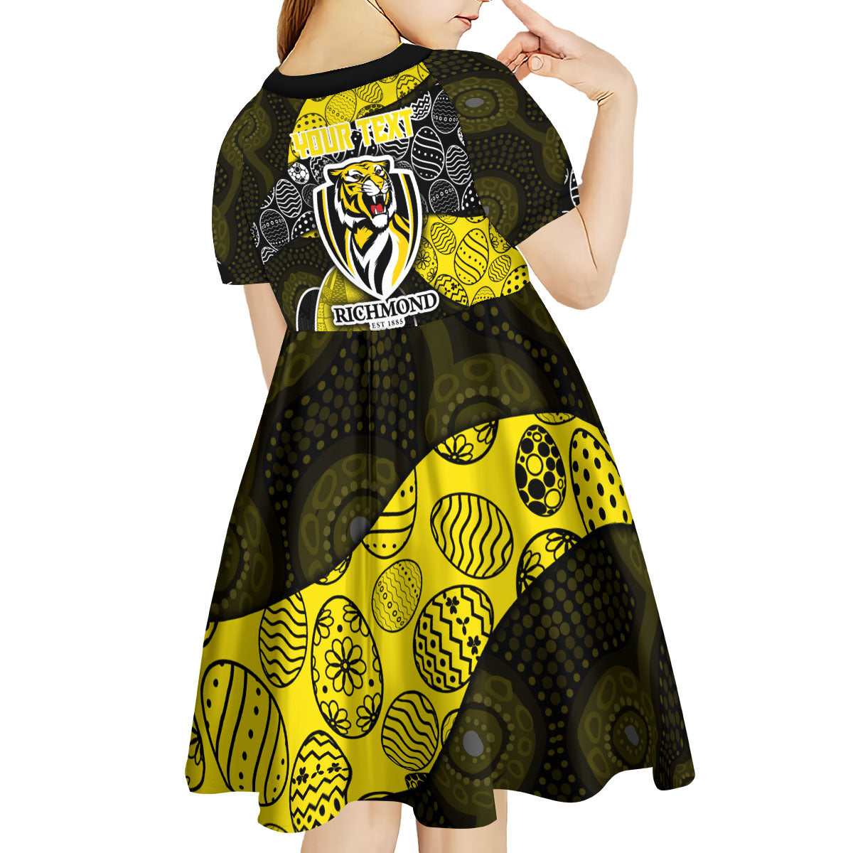 Personalized Richmond Football Kid Short Sleeve Dress Easter Egg Pattern Yellow Black Tribal Dot Art Style