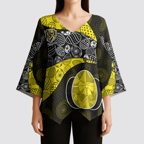 Personalized Richmond Football Kimono Sleeve Blouse Easter Egg Pattern Yellow Black Tribal Dot Art Style