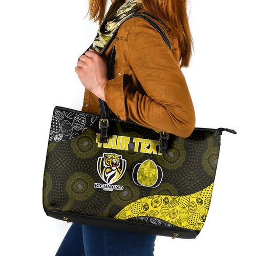 Personalized Richmond Football Leather Tote Bag Easter Egg Pattern Yellow Black Tribal Dot Art Style