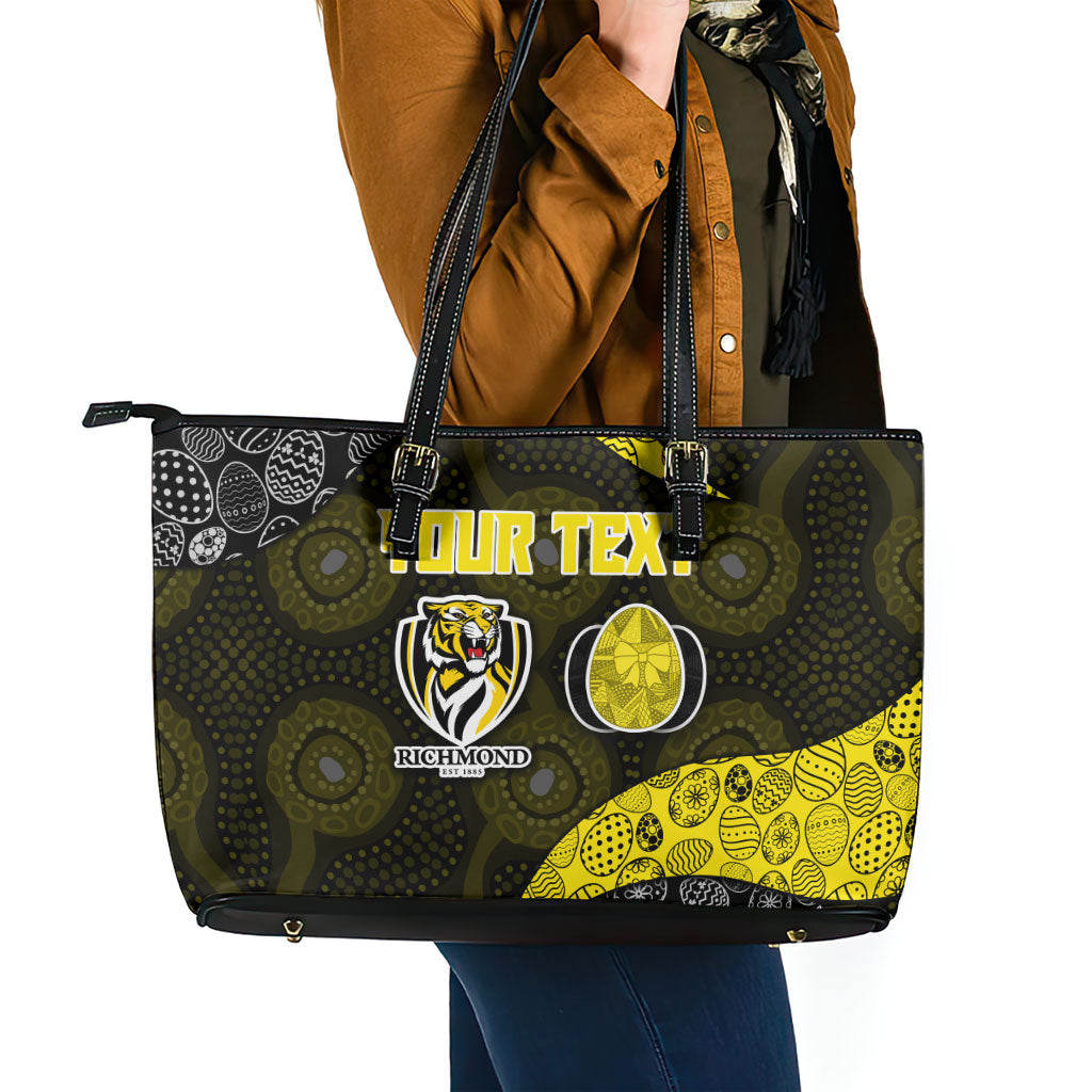 Personalized Richmond Football Leather Tote Bag Easter Egg Pattern Yellow Black Tribal Dot Art Style