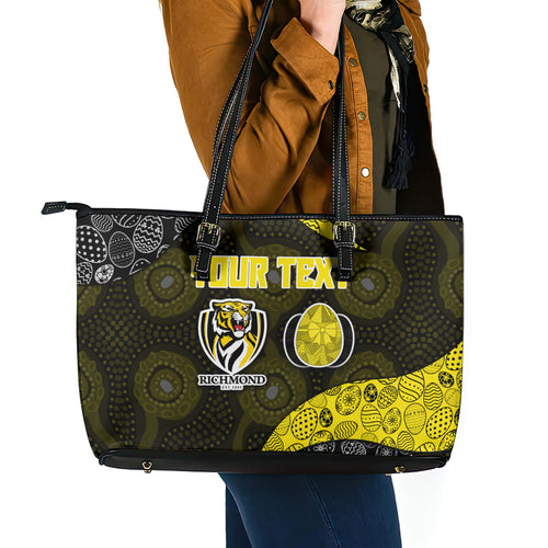 Personalized Richmond Football Leather Tote Bag Easter Egg Pattern Yellow Black Tribal Dot Art Style