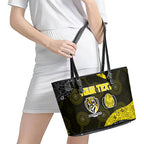 Personalized Richmond Football Leather Tote Bag Easter Egg Pattern Yellow Black Tribal Dot Art Style