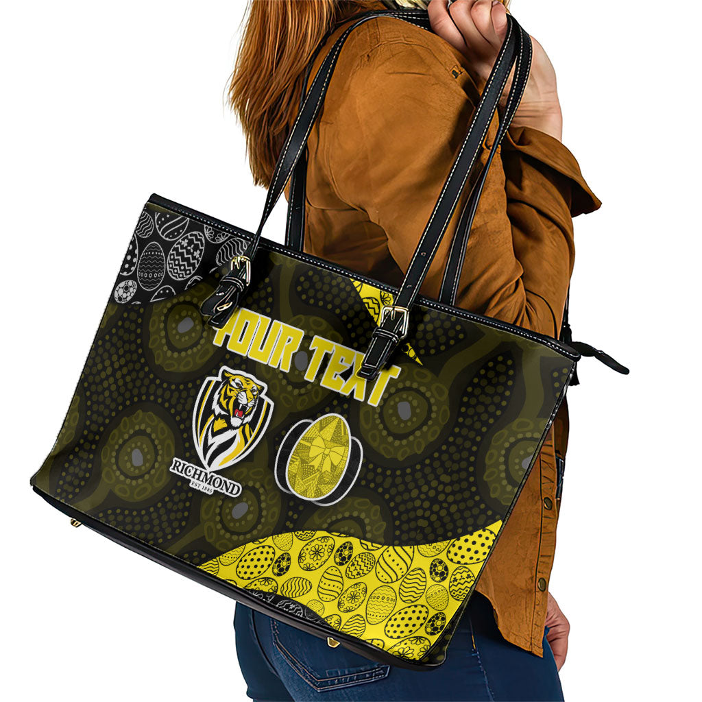 Personalized Richmond Football Leather Tote Bag Easter Egg Pattern Yellow Black Tribal Dot Art Style