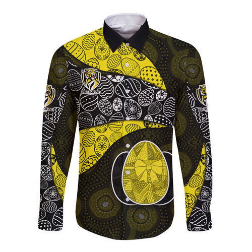 Personalized Richmond Football Long Sleeve Button Shirt Easter Egg Pattern Yellow Black Tribal Dot Art Style