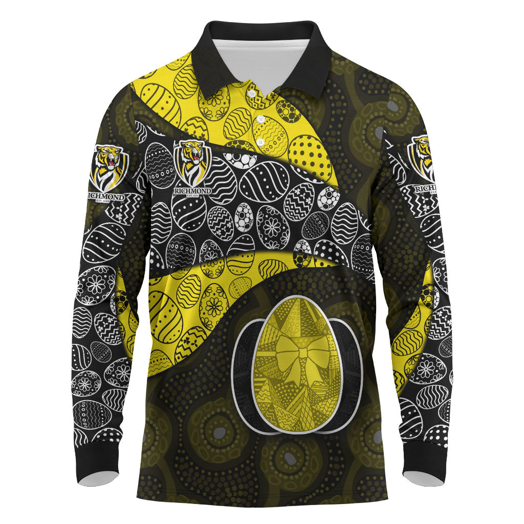 Personalized Richmond Football Long Sleeve Polo Shirt Easter Egg Pattern Yellow Black Tribal Dot Art Style