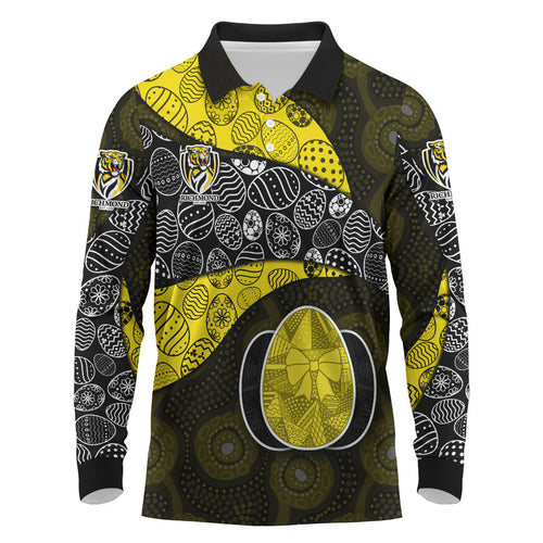 Personalized Richmond Football Long Sleeve Polo Shirt Easter Egg Pattern Yellow Black Tribal Dot Art Style