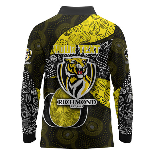 Personalized Richmond Football Long Sleeve Polo Shirt Easter Egg Pattern Yellow Black Tribal Dot Art Style