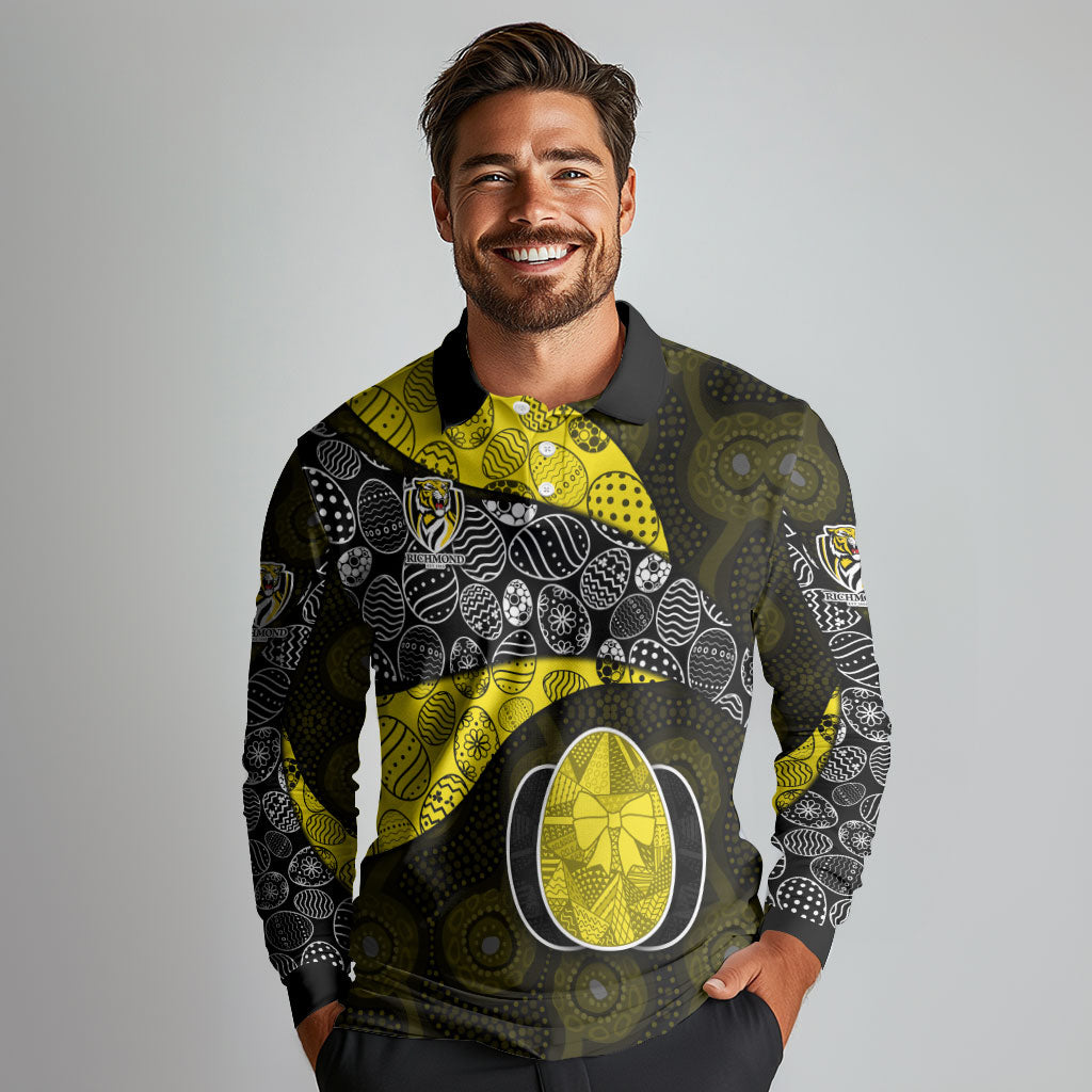 Personalized Richmond Football Long Sleeve Polo Shirt Easter Egg Pattern Yellow Black Tribal Dot Art Style