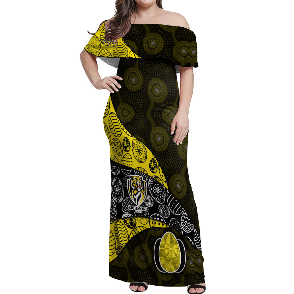 Personalized Richmond Football Off Shoulder Maxi Dress Easter Egg Pattern Yellow Black Tribal Dot Art Style