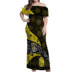 Personalized Richmond Football Off Shoulder Maxi Dress Easter Egg Pattern Yellow Black Tribal Dot Art Style