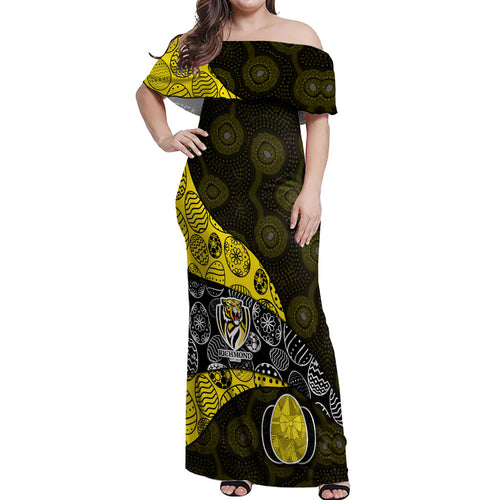 Personalized Richmond Football Off Shoulder Maxi Dress Easter Egg Pattern Yellow Black Tribal Dot Art Style