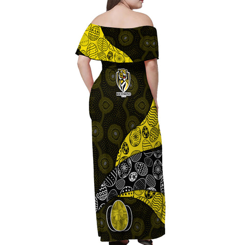 Personalized Richmond Football Off Shoulder Maxi Dress Easter Egg Pattern Yellow Black Tribal Dot Art Style