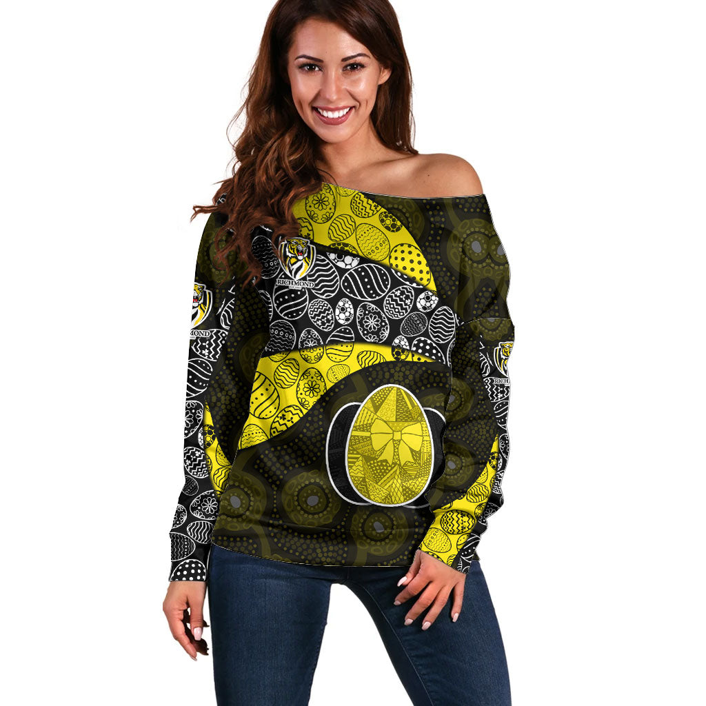 Personalized Richmond Football Off Shoulder Sweater Easter Egg Pattern Yellow Black Tribal Dot Art Style