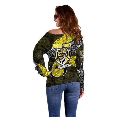 Personalized Richmond Football Off Shoulder Sweater Easter Egg Pattern Yellow Black Tribal Dot Art Style