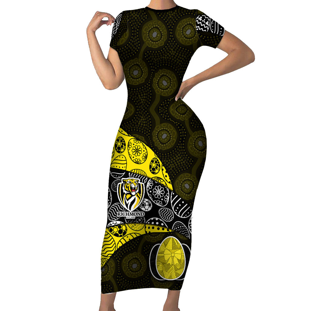 Personalized Richmond Football Short Sleeve Bodycon Dress Easter Egg Pattern Yellow Black Tribal Dot Art Style