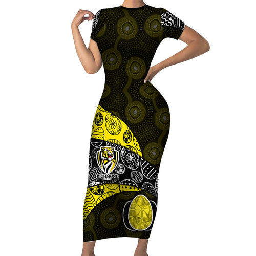 Personalized Richmond Football Short Sleeve Bodycon Dress Easter Egg Pattern Yellow Black Tribal Dot Art Style