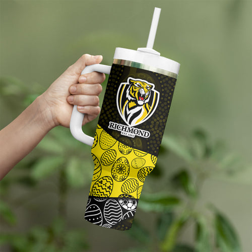 Personalized Richmond Football Tumbler With Handle Easter Egg Pattern Yellow Black Tribal Dot Art Style