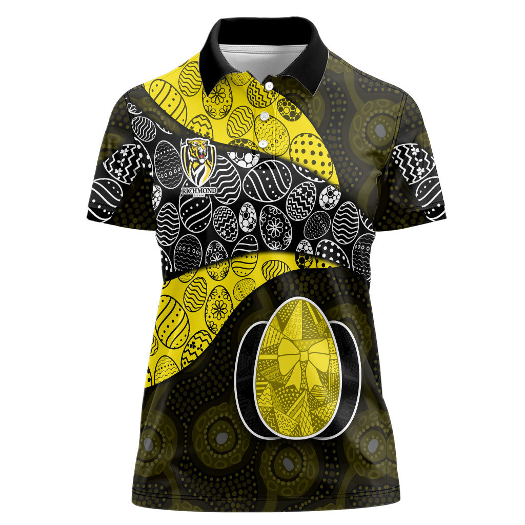 Personalized Richmond Football Women Polo Shirt Easter Egg Pattern Yellow Black Tribal Dot Art Style