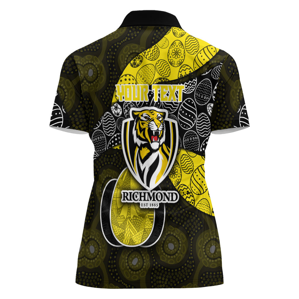 Personalized Richmond Football Women Polo Shirt Easter Egg Pattern Yellow Black Tribal Dot Art Style