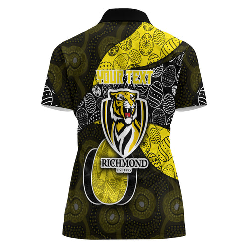 Personalized Richmond Football Women Polo Shirt Easter Egg Pattern Yellow Black Tribal Dot Art Style