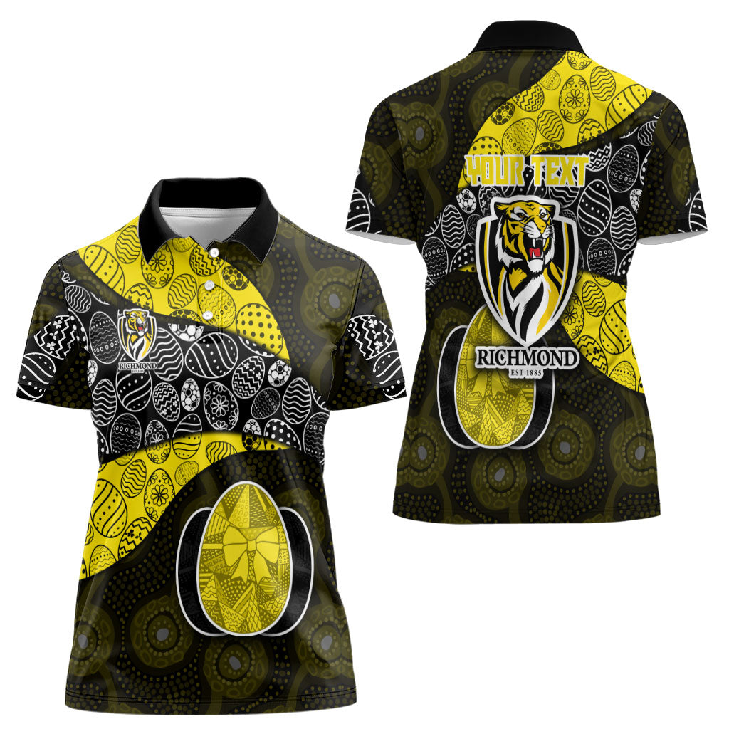 Personalized Richmond Football Women Polo Shirt Easter Egg Pattern Yellow Black Tribal Dot Art Style