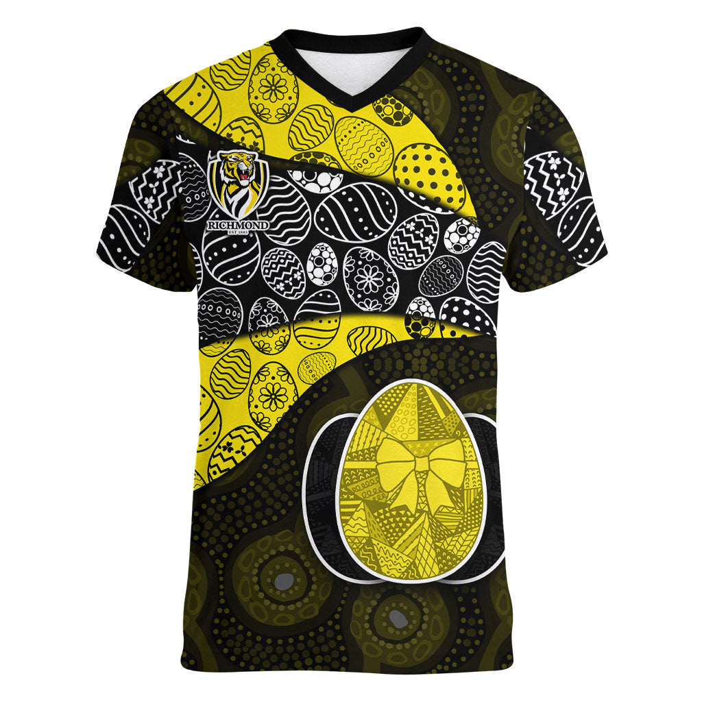 Personalized Richmond Football Women V-Neck T-Shirt Easter Egg Pattern Yellow Black Tribal Dot Art Style