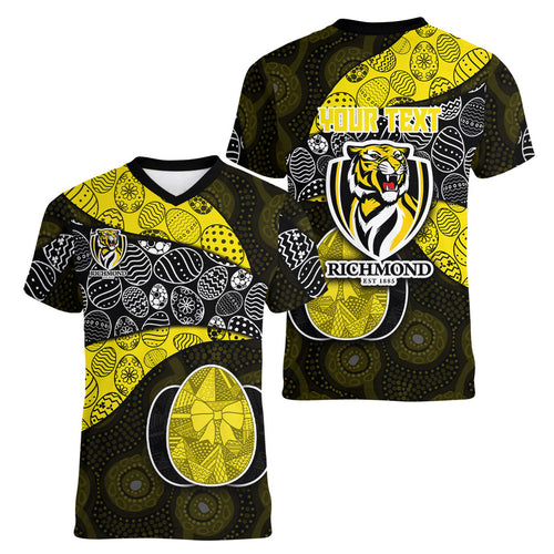 Personalized Richmond Football Women V-Neck T-Shirt Easter Egg Pattern Yellow Black Tribal Dot Art Style