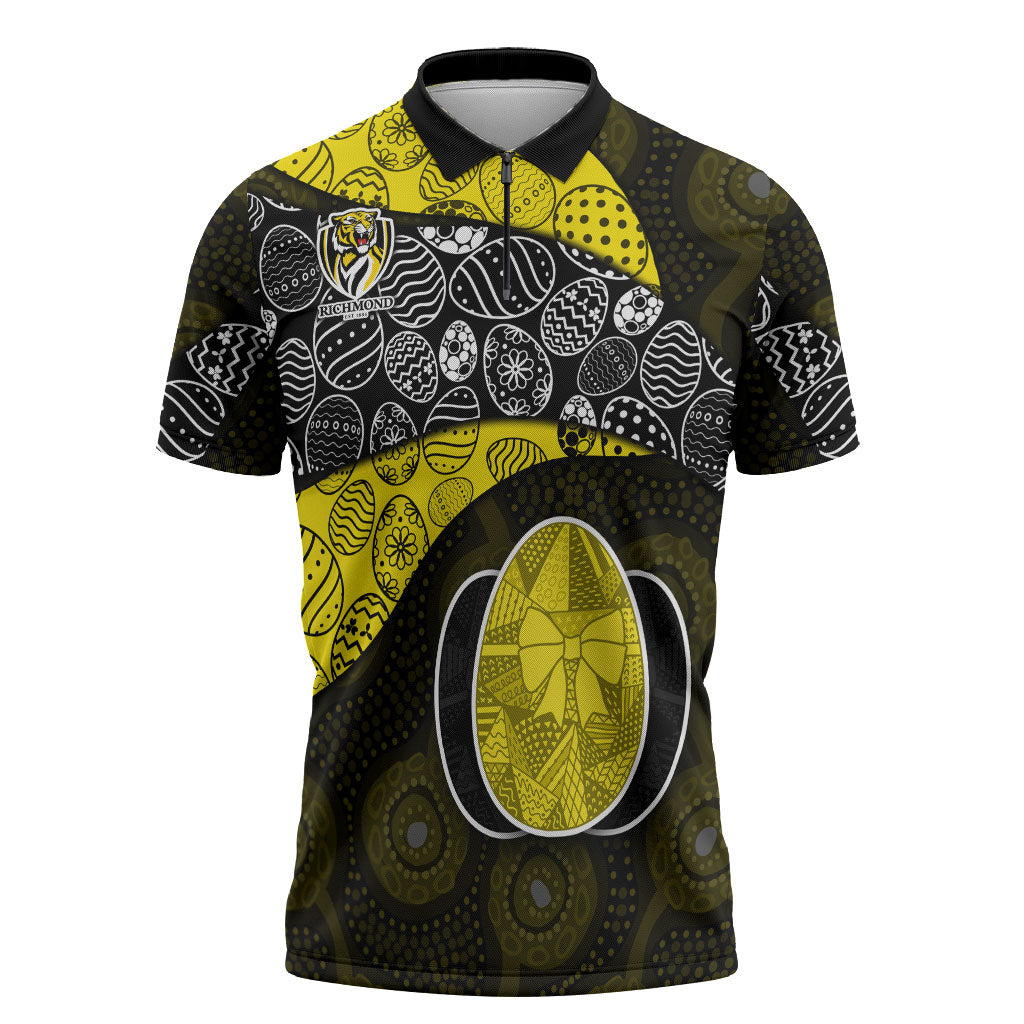 Personalized Richmond Football Zipper Polo Shirt Easter Egg Pattern Yellow Black Tribal Dot Art Style